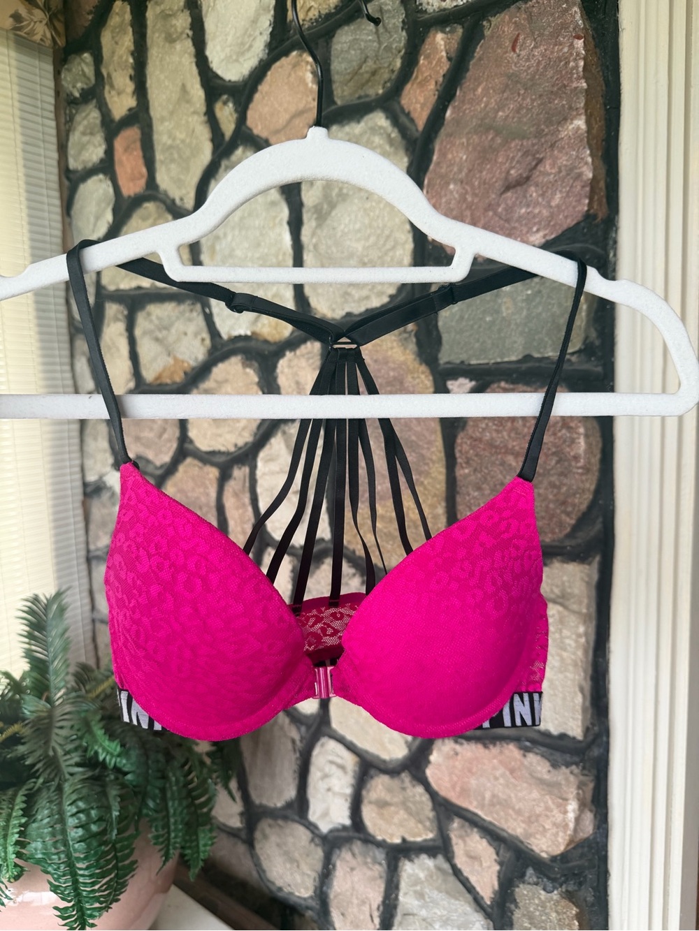 Victorias Secret PINK Hot Pink Lace Push-Up Bra with Strappy Black Back